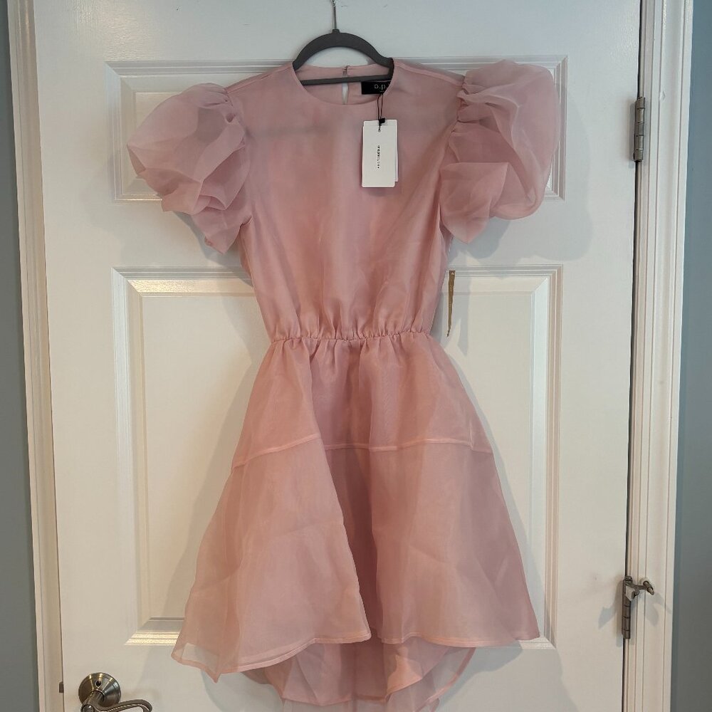 Pink Puff-Sleeve Open-Back Dress, Medium